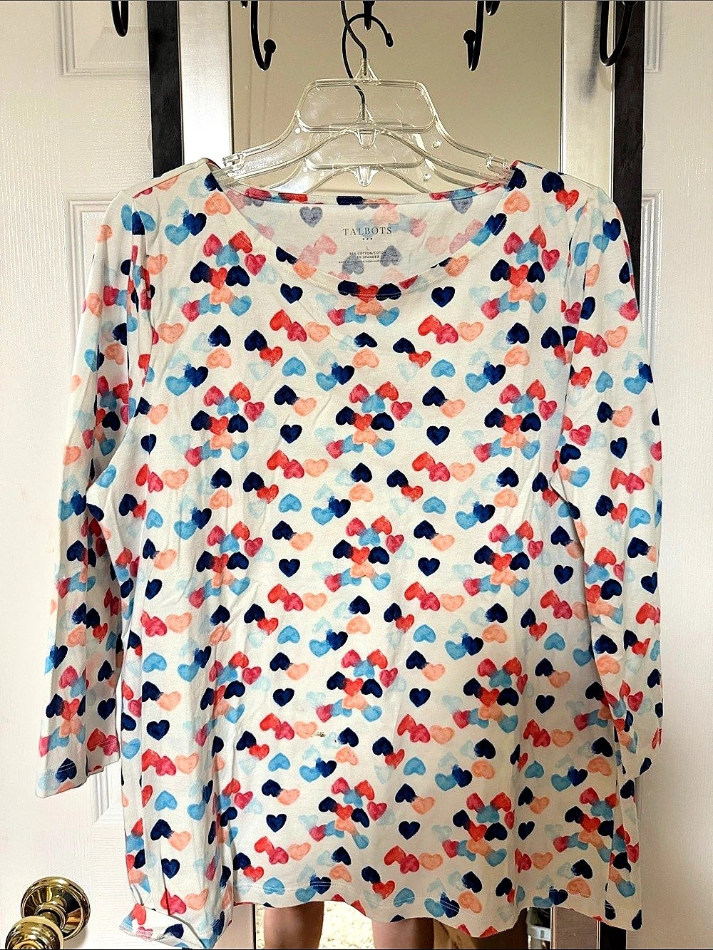 Talbots Heart Print Long Sleeve Top in White & Blue Size Large